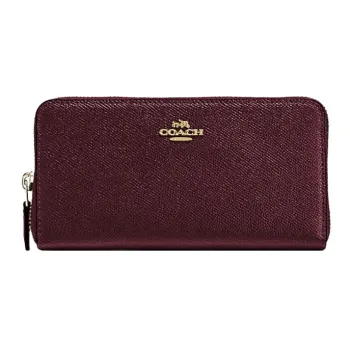 COACH Accordion Zip Cross-Stitch Leather Card Holder Wallet Women's Dark Deep Red