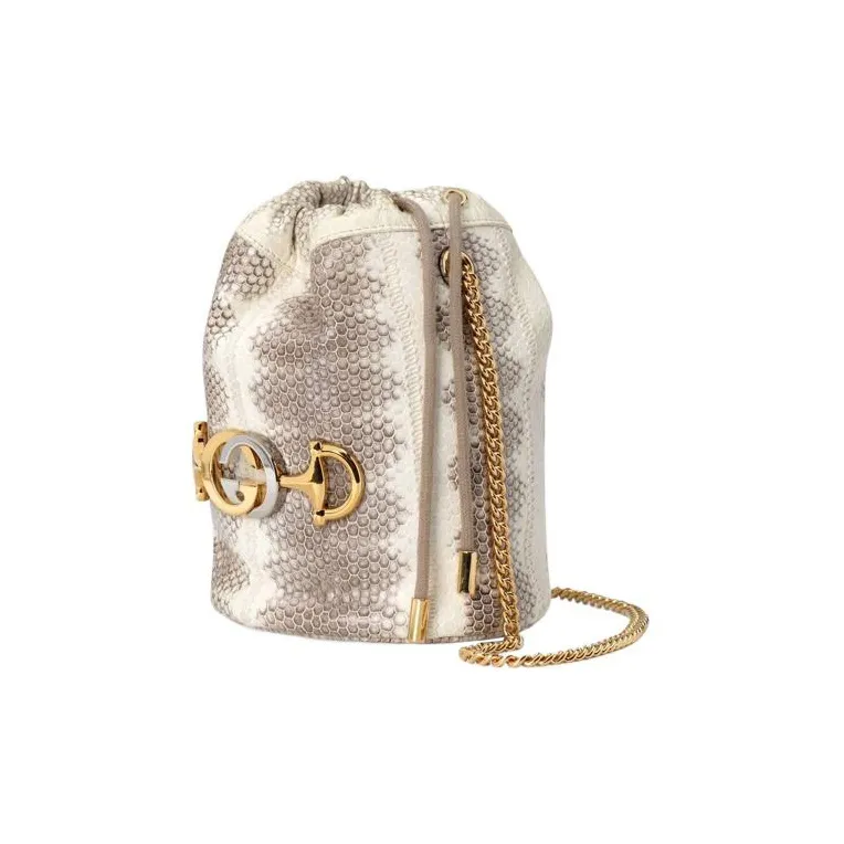GUCCI Zumi Python Skin Bucket Bags Crossbody Bag Shoulder Bag Women's Beige-3