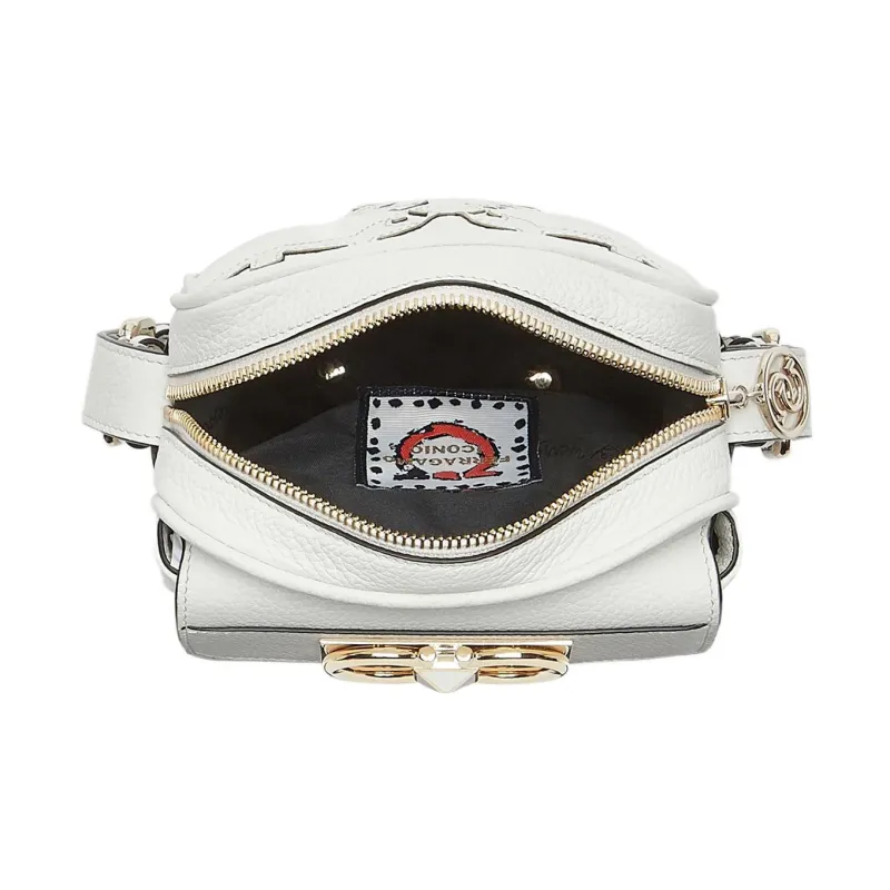 FERRAGAMO GANCINI Hammered Texture Calfskin Camera Bag, Crossbody Bag, Shoulder Bag Women's White-3