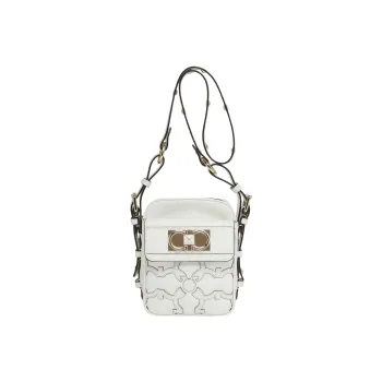 FERRAGAMO GANCINI Hammered Texture Calfskin Camera Bag, Crossbody Bag, Shoulder Bag Women's White