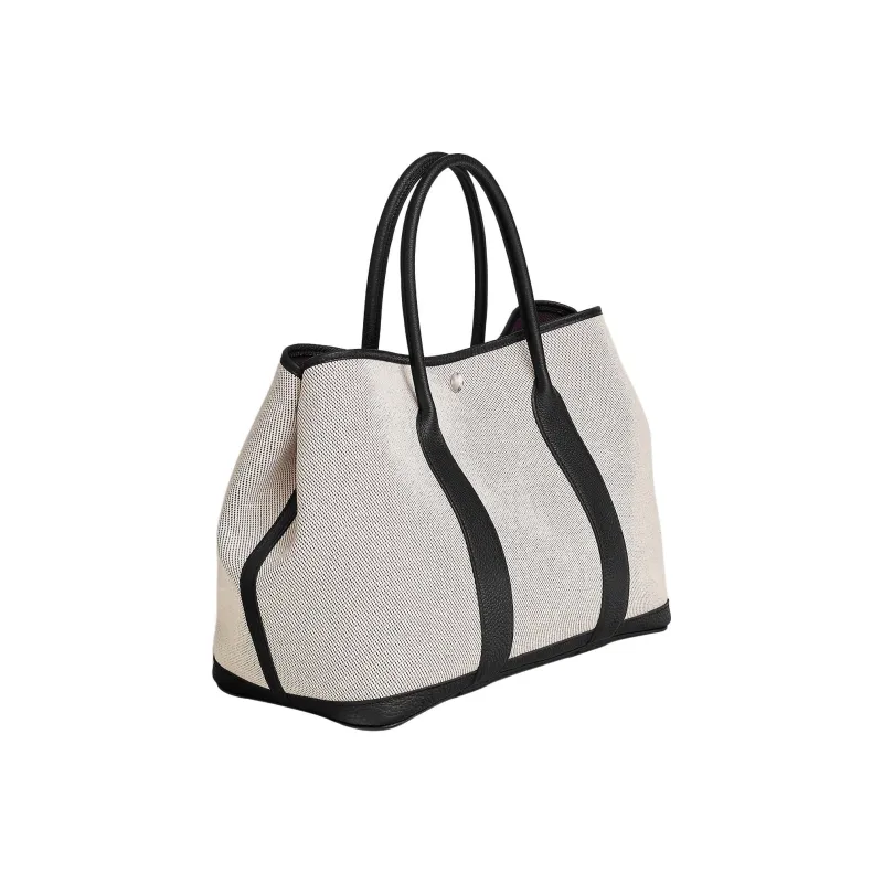 HERMES Garden Party Canvas With Leather Canvas Bag One Shoulder Handbag Unisex Light Beige/Black/Gallon Black-1