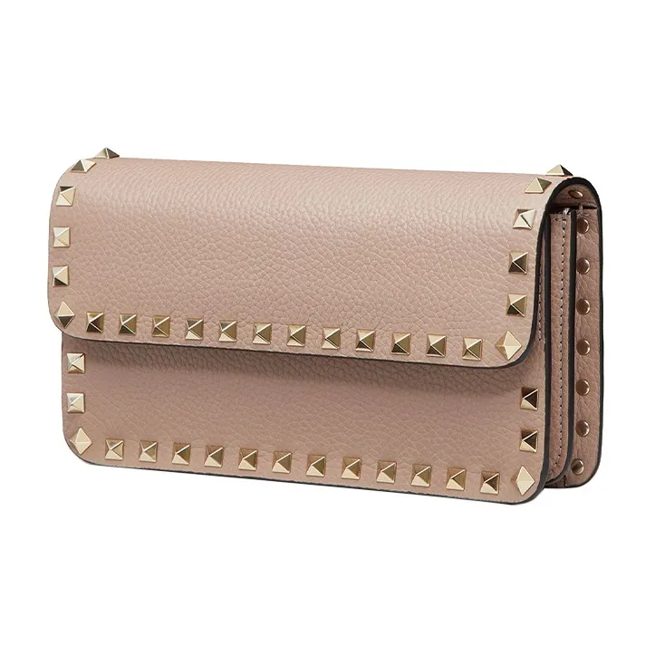 Valentino Rockstud Grained Calfskin Messenger Bag Shoulder Bag Crossbody Bag Clutches Small Size Women's Nude Pink-1