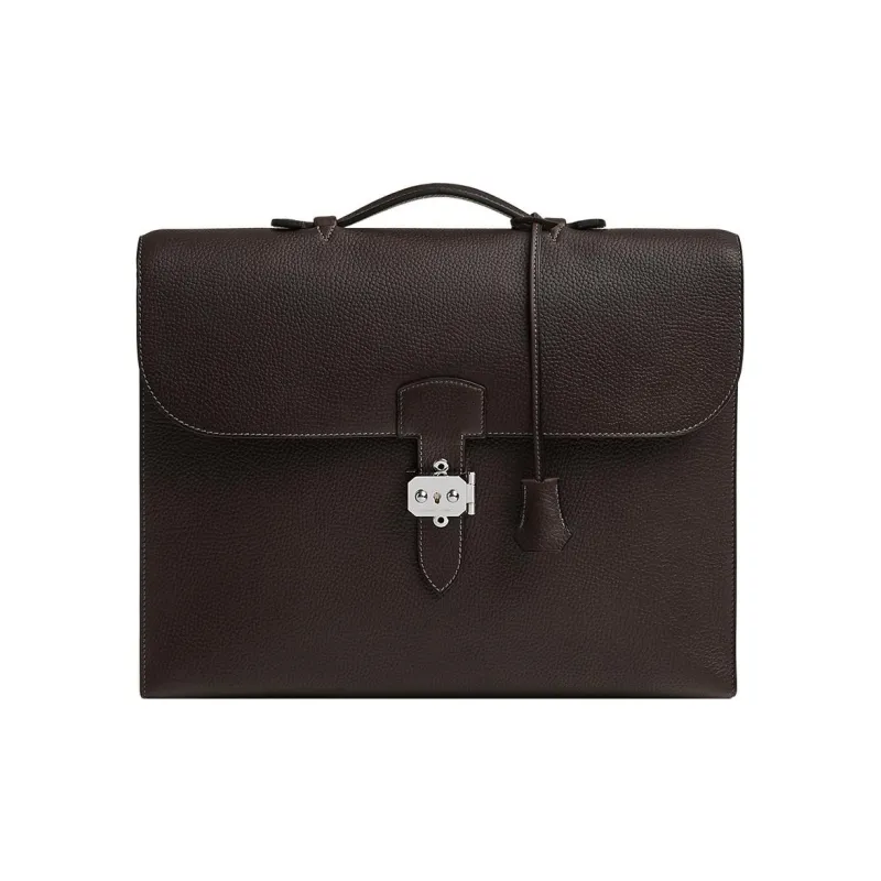 HERMES Sac A Depeches Togo Calfskin Silver Buckle Handbag Men's 46 Ebene Ebony-0