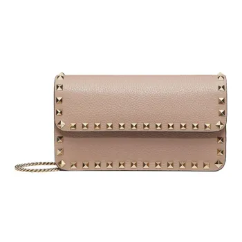Valentino Rockstud Grained Calfskin Messenger Bag Shoulder Bag Crossbody Bag Clutches Small Size Women's Nude Pink