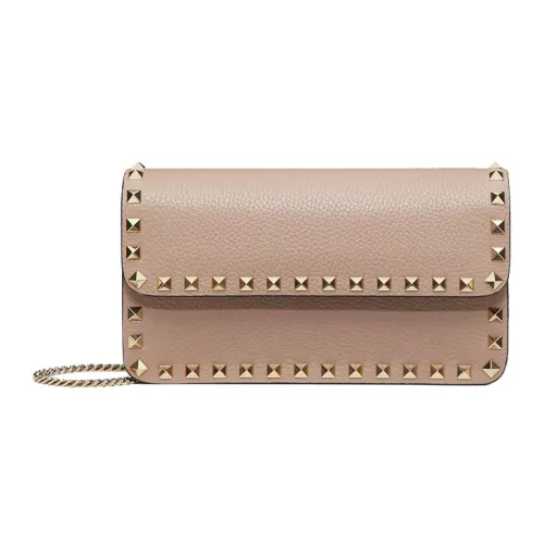 Valentino Rockstud Grained Calfskin Messenger Bag Shoulder Bag Crossbody Bag Clutches Small Size Women's Nude Pink