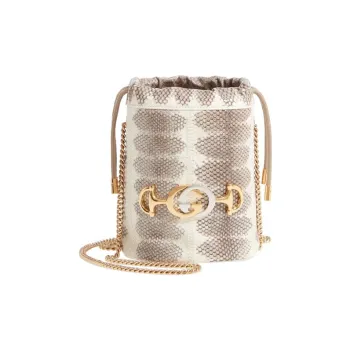 GUCCI Zumi Python Skin Bucket Bags Crossbody Bag Shoulder Bag Women's Beige