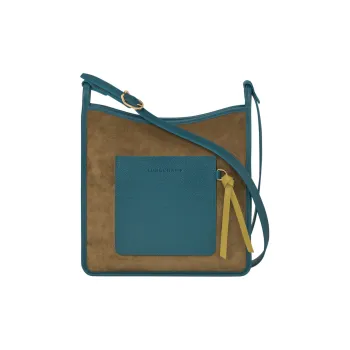 LONGCHAMP Le Foulonné Velvet Calfskin Shoulder Bag Crossbody Bag Large Size Women's Blue & Khaki