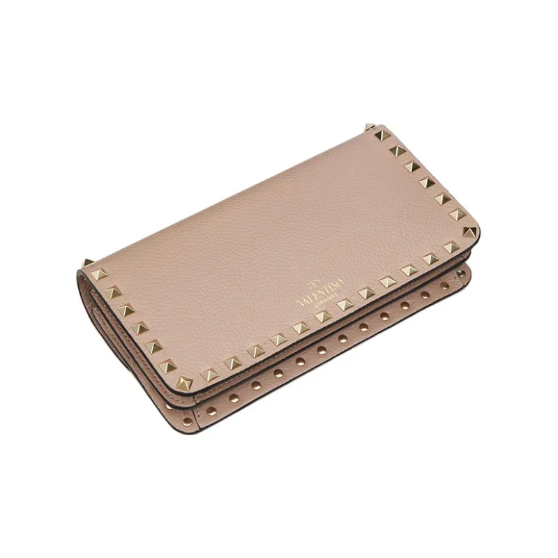 Valentino Rockstud Grained Calfskin Messenger Bag Shoulder Bag Crossbody Bag Clutches Small Size Women's Nude Pink-2