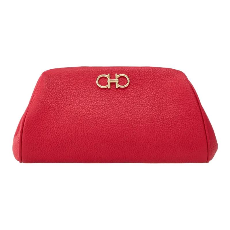 FERRAGAMO GANCINI Cow Leather Eveningwear One Shoulder Crossbody Clutch Mini Women's Red-0