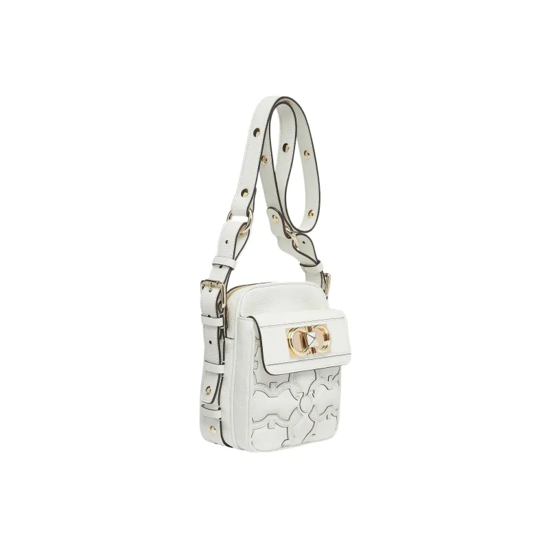 FERRAGAMO GANCINI Hammered Texture Calfskin Camera Bag, Crossbody Bag, Shoulder Bag Women's White-2