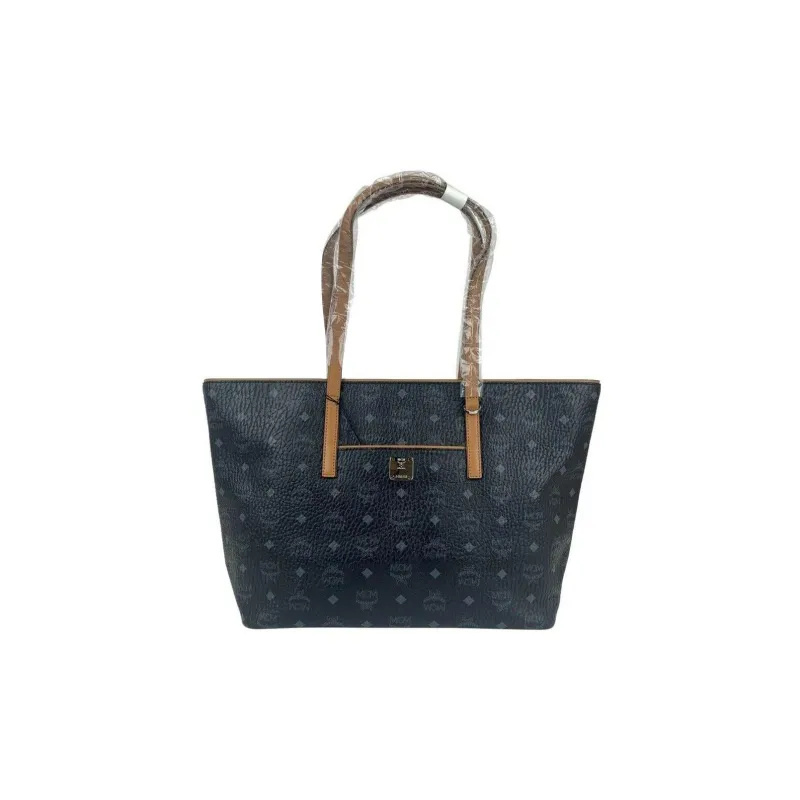 MCM Coated Canvas With Leather Tote Bag, Shopping Bag, Shoulder Bag Medium Size Women's Black-0