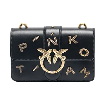 PINKO Cow Leather Flying Bird Swallow Shoulder Bag Medium Size Women's Black/Black Gold