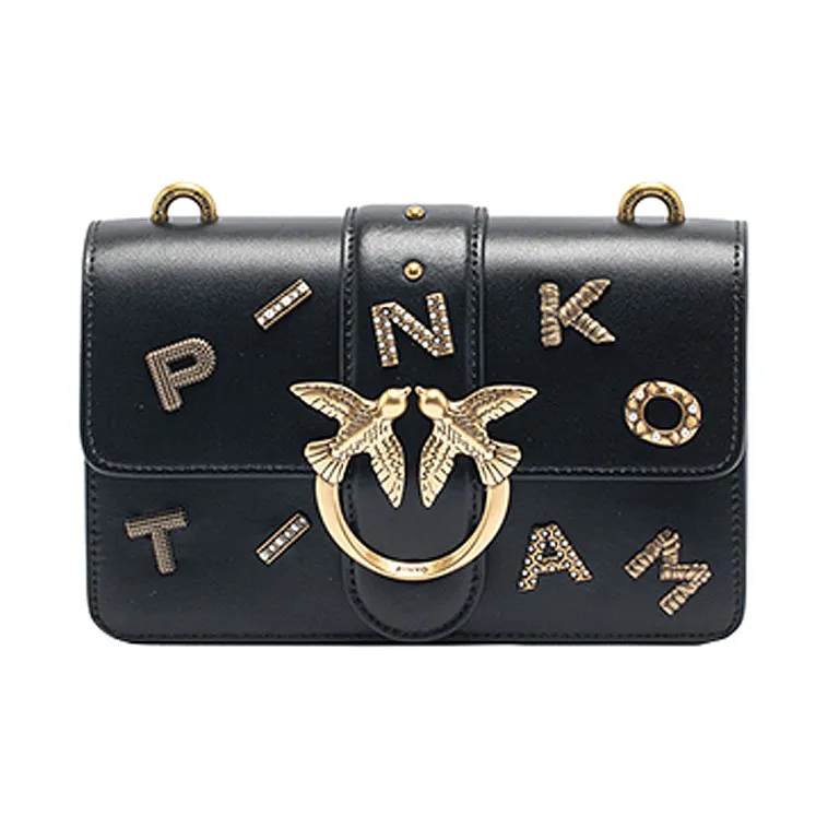 PINKO Cow Leather Flying Bird Swallow Shoulder Bag Medium Size Women's Black/Black Gold-0
