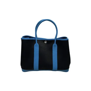 HERMES Garden Party Canvas With Negonda Calfskin Garden Bag, Canvas Bag, Handbag Unisex Black/Tanzania Blue