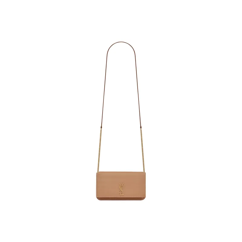 SAINT LAURENT CASSANDRE Calfskin Handheld One Shoulder Crossbody Cell Phone Pouch Women's Gold Brown-1