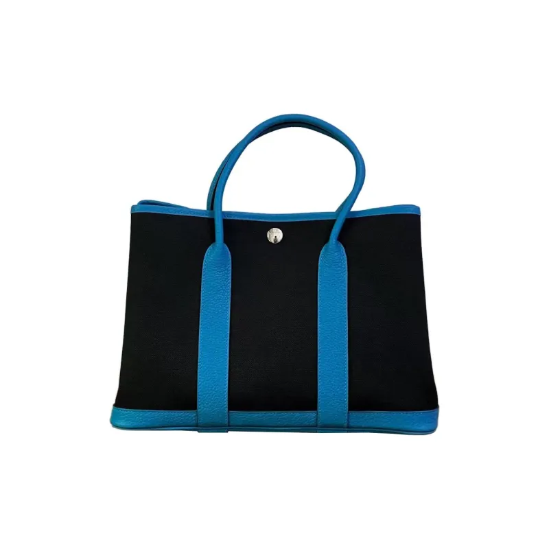 HERMES Garden Party Canvas With Negonda Calfskin Garden Bag, Canvas Bag, Handbag Unisex Black/Tanzania Blue-1