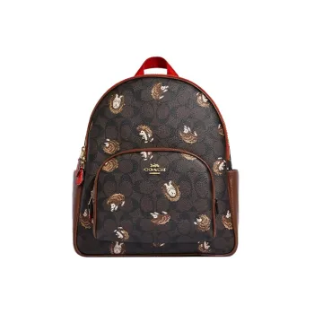 COACH Court Signature Coated Canvas With Refined Pebbled Leather Backpack Large Size Women's Brown & Black