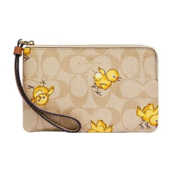 COACH Corner Zip Artificial Leather Card Holder Wallet Clutches Wrist Bags Small Size Women's Light Khaki