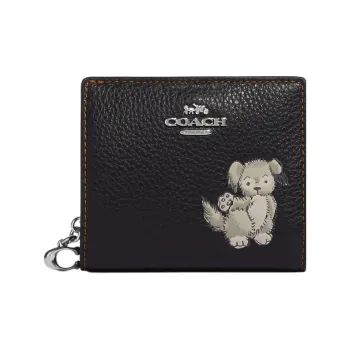 COACH Snap Wallet Refined Pebble Leather Clutches Card Holder Wallet Women's Black