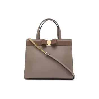 FERRAGAMO Natural Grain Cow Leather Handbag Medium Size Women's Camel