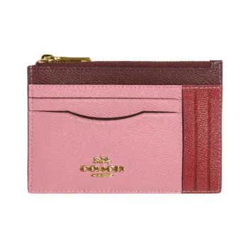 COACH Card Case Grained Leather Coin Pocket Wallet With Card Holder Women's Pink