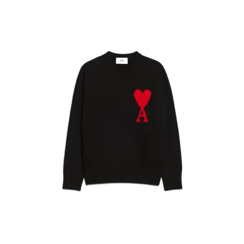  Ami Paris Ami De Coeur Intarsia-Knitted Felted Merino Wool Crewneck Oversized Sweater Black/Red
