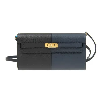 HERMES Kelly To Go Epsom Calfskin Handheld Shoulder Bag, Crossbody Bag Women's Indigo/Black/Frida Blue