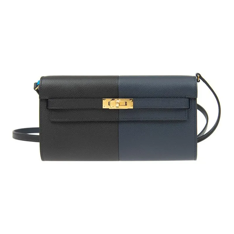 HERMES Kelly To Go Epsom Calfskin Handheld Crossbody Bag, Shoulder Bag Women's Indigo/Black/Frida Blue-0