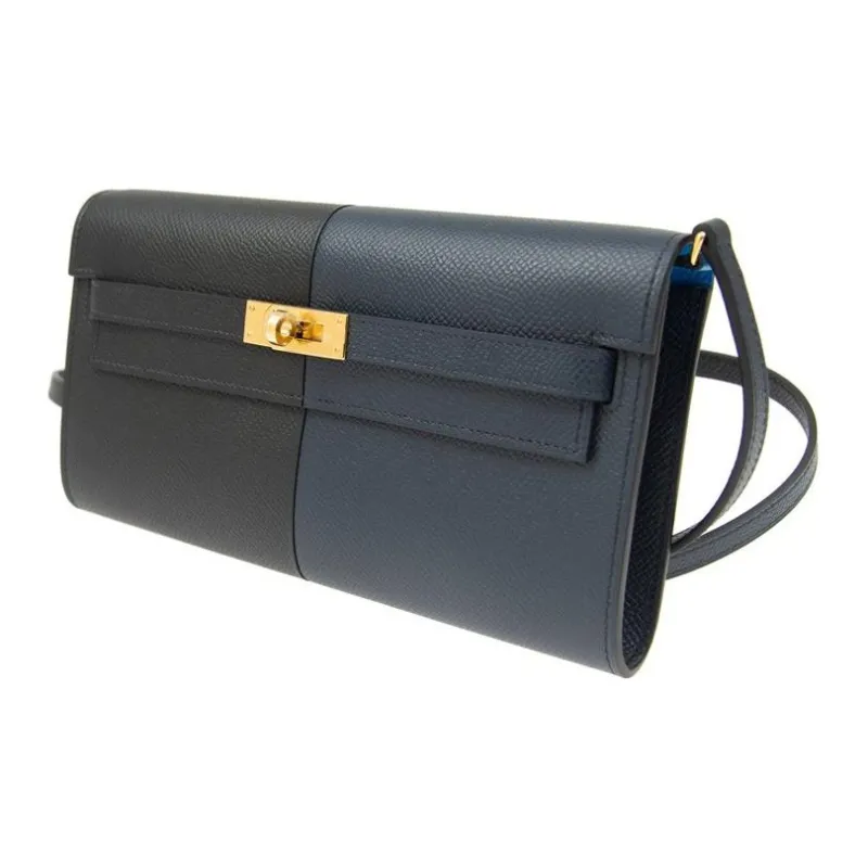 HERMES Kelly To Go Epsom Calfskin Handheld Crossbody Bag, Shoulder Bag Women's Indigo/Black/Frida Blue-2