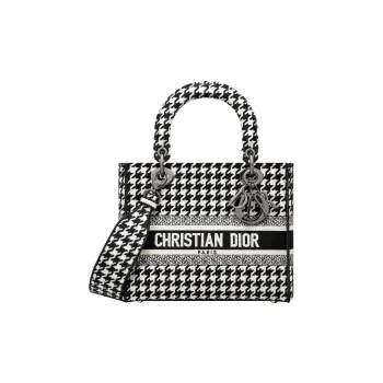 DIOR Lady D-Lite Embroidery Tote Bag Shopping Bag Handbag Medium Size Women's Black/White
