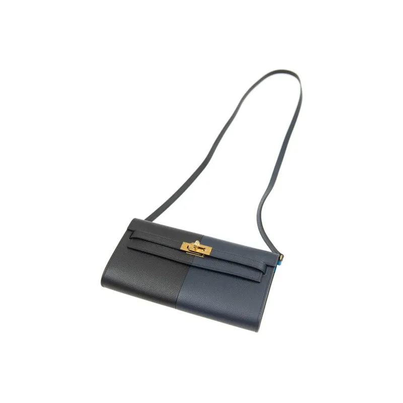 HERMES Kelly To Go Epsom Calfskin Handheld Crossbody Bag, Shoulder Bag Women's Indigo/Black/Frida Blue-3