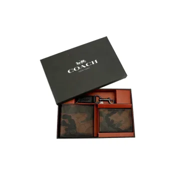 COACH Boxed Leather Card Holder Wallet Men's Brown Black
