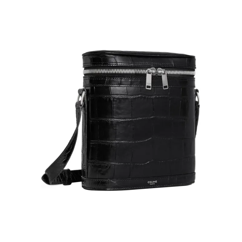 CELINE Crocodile Pattern Embossed Cow Leather Messenger Bag Crossbody Bag Shoulder Bag Men's Black-1