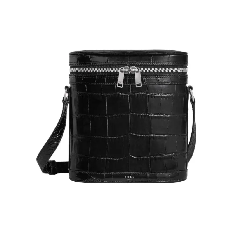 CELINE Crocodile Pattern Embossed Cow Leather Messenger Bag Crossbody Bag Shoulder Bag Men's Black-0