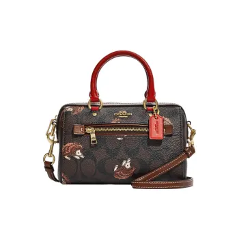 COACH Rowan Artificial Leather Boston Bag Handbag Shoulder Bag Crossbody Bag Small Size Women's Brown & Black
