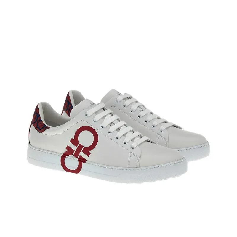 FERRAGAMO GANCINI Low Top Stylish Skateboarding Shoes Men's White Red-1