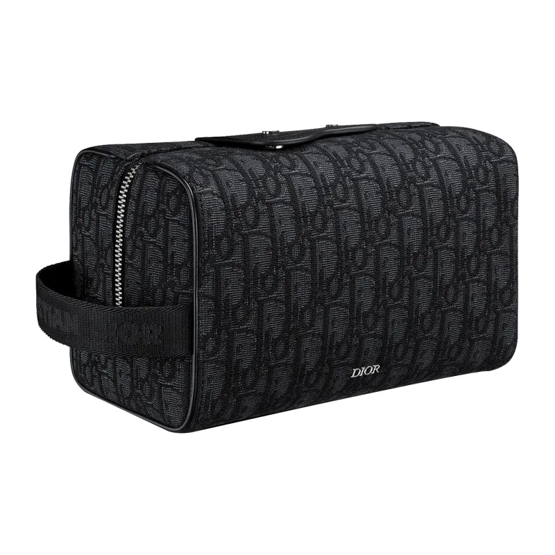 DIOR Lingot Fabric Cow Leather Patchwork Storage Bag Clutch Toiletry Bag Men's Black-1