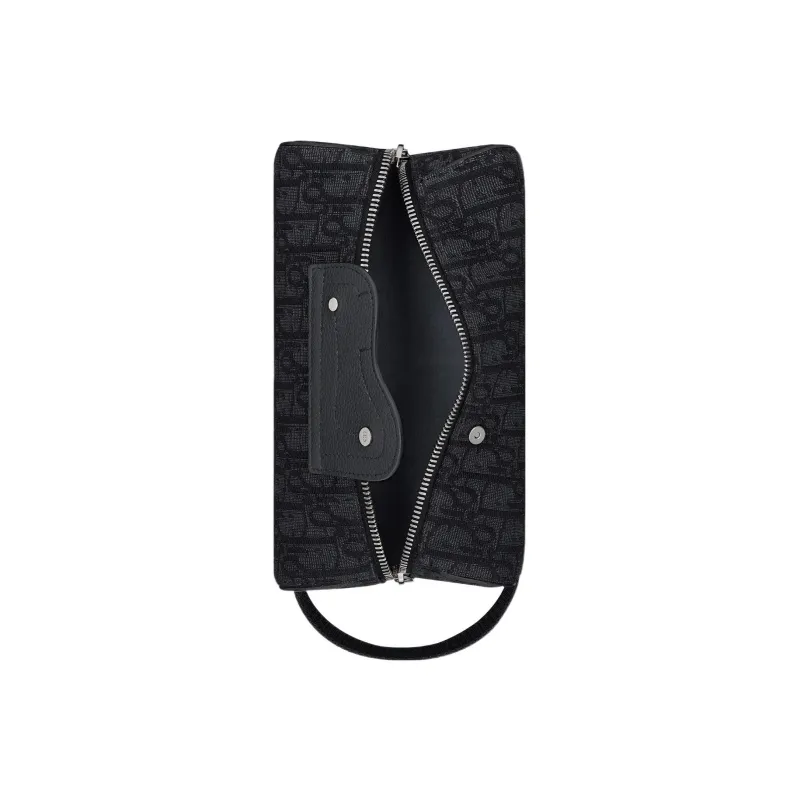 DIOR Lingot Fabric Cow Leather Patchwork Storage Bag Clutch Toiletry Bag Men's Black-3
