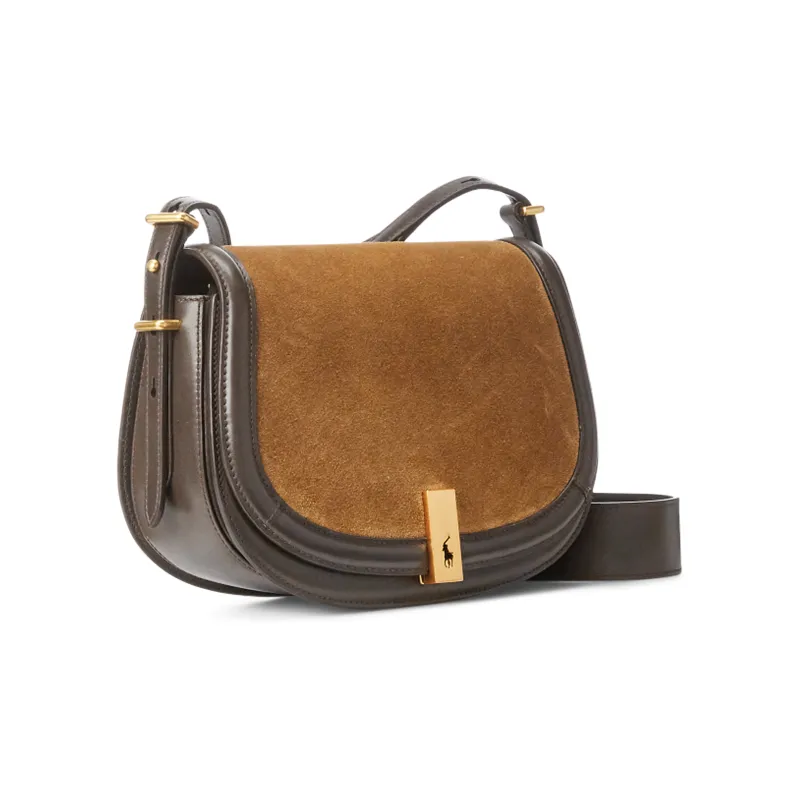 Polo Ralph Lauren Nubuck Cow Leather Patchwork Trim Saddle Bag Crossbody Shoulder Bag Women's Brown-2