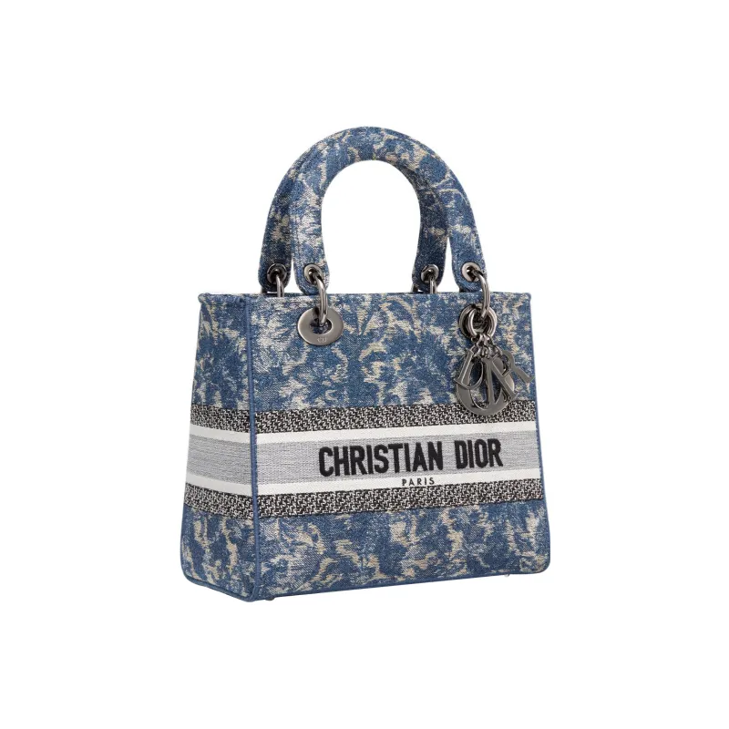 DIOR Lady D-Lite Embroidery Daisie Bag Tote Bag Shopping Bag Handbag Medium Size Women's Blue-3