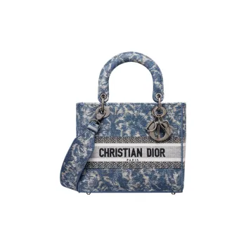 DIOR Lady D-Lite Embroidery Daisie Bag Tote Bag Shopping Bag Handbag Medium Size Women's Blue