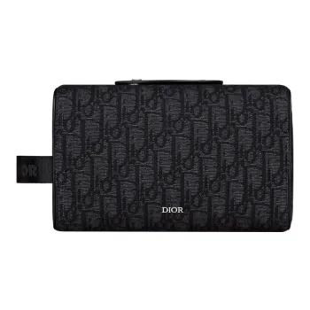 DIOR Lingot Fabric Cow Leather Patchwork Storage Bag Clutch Toiletry Bag Men's Black