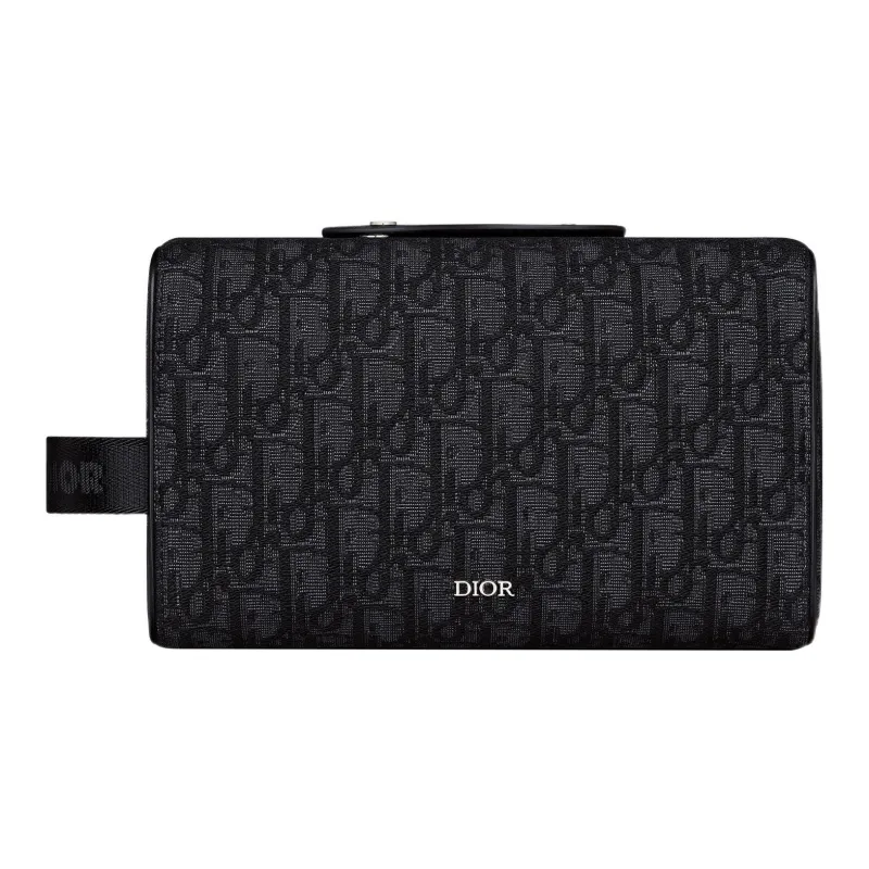 DIOR Lingot Fabric Cow Leather Patchwork Storage Bag Clutch Toiletry Bag Men's Black-0
