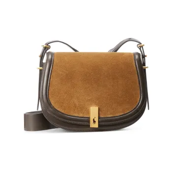 Polo Ralph Lauren Nubuck Cow Leather Patchwork Trim Saddle Bag Crossbody Shoulder Bag Women's Brown