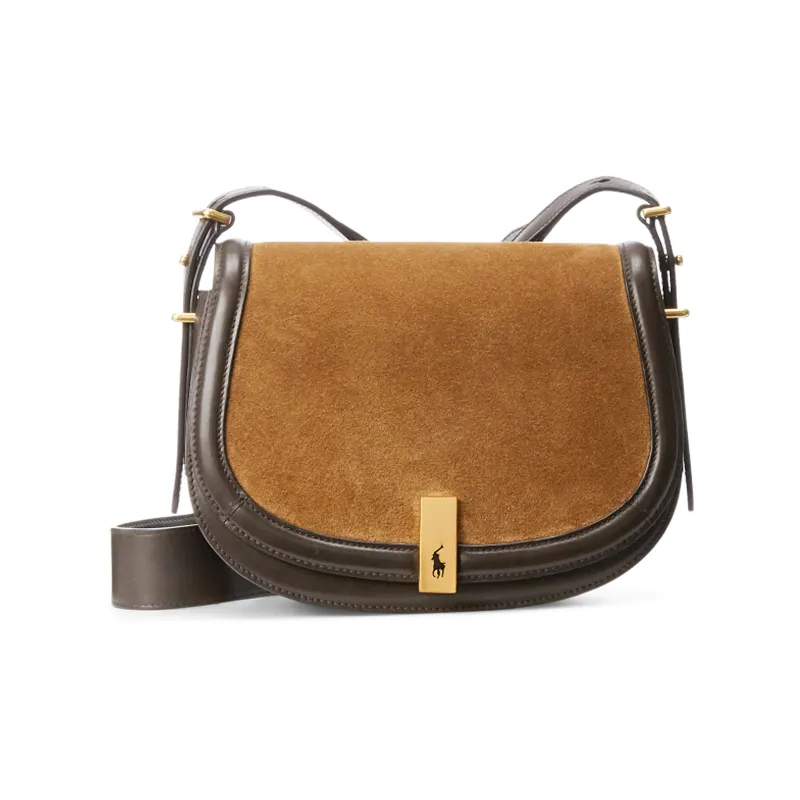Polo Ralph Lauren Nubuck Cow Leather Patchwork Trim Saddle Bag Crossbody Shoulder Bag Women's Brown-0