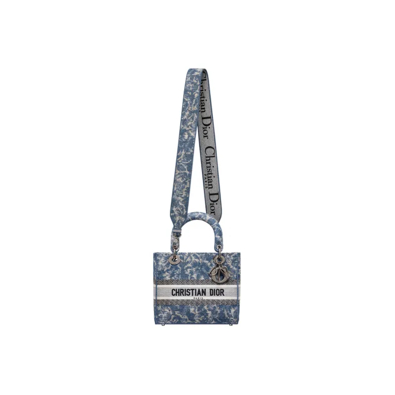 DIOR Lady D-Lite Embroidery Daisie Bag Tote Bag Shopping Bag Handbag Medium Size Women's Blue-5