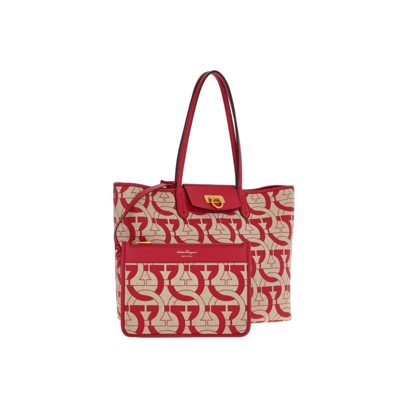 FERRAGAMO GANCINI Fabric With Cow Leather Tote Bag, Shopping Bag, Shoulder Bag, Handbag Women's Red-1