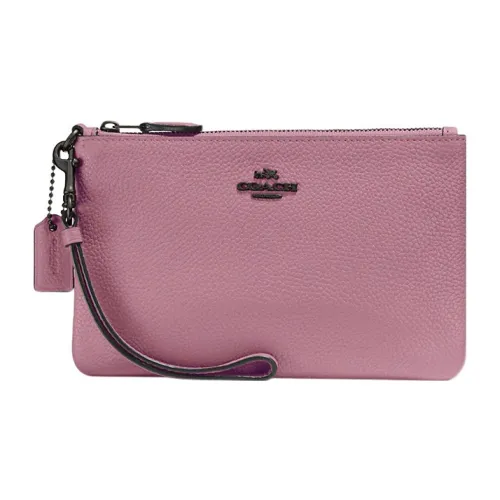 COACH Wristlet Glossy Pebbled Leather Wallet Clutch Wrist Bag Small Size Women's Pink