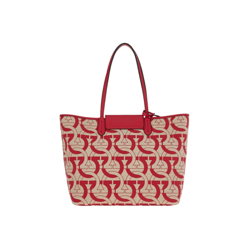 FERRAGAMO GANCINI Fabric With Cow Leather Tote Bag, Shopping Bag, Shoulder Bag, Handbag Women's Red-3