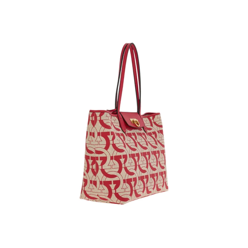 FERRAGAMO GANCINI Fabric With Cow Leather Tote Bag, Shopping Bag, Shoulder Bag, Handbag Women's Red-2